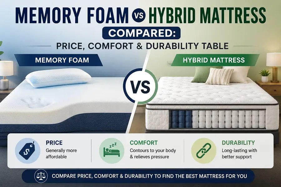 make a table comparing memory foam vs hybrid mattresses nearby